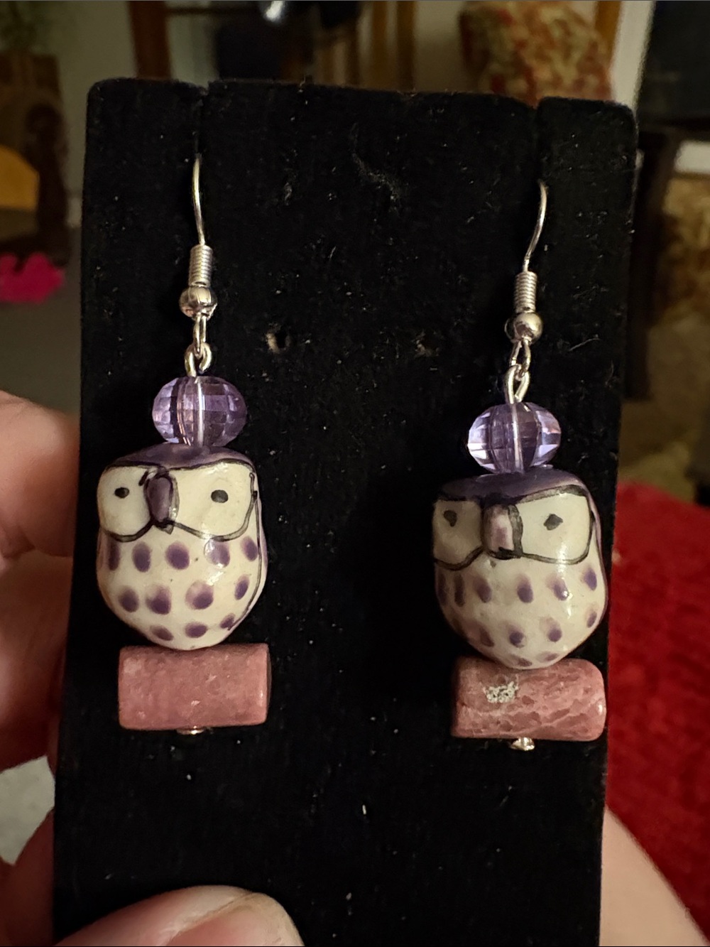 Hand Crafted Purple and Pink Owl Drop Earrings